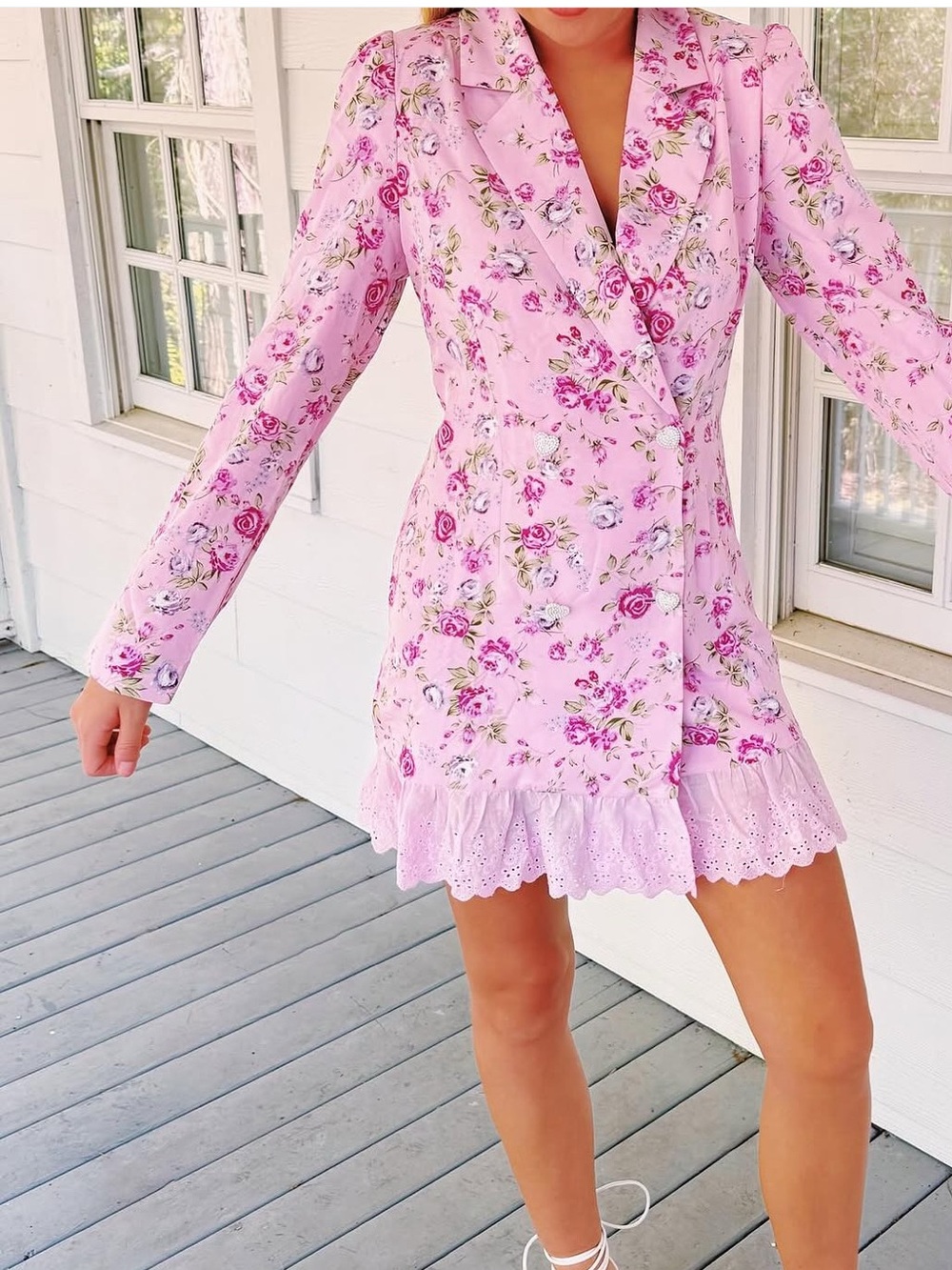Love Shack Fancy Look Alike Pink Floral Long Sleeve Dress Blazer Mini Dress